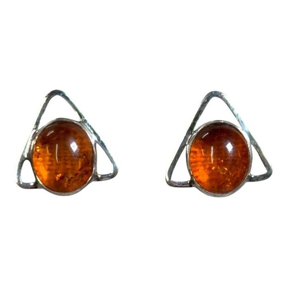 Vintage MCM Brutalist Amber Sterling Silver 925 Clip-On Earrings Triangle Design - Picture 1 of 8